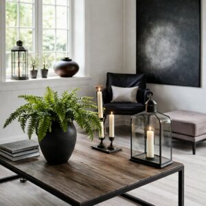 Ormbunke Konstgjord från Webflower med monteringspinne Grön UV 55 cm placerad i urna på bord