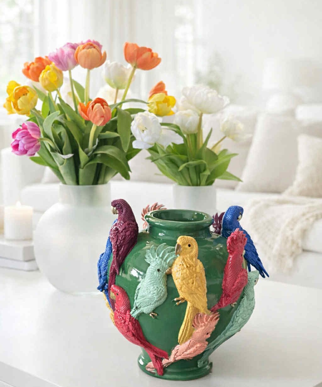 Mixade tulpaner i frostad kruka och dekorativ inredning