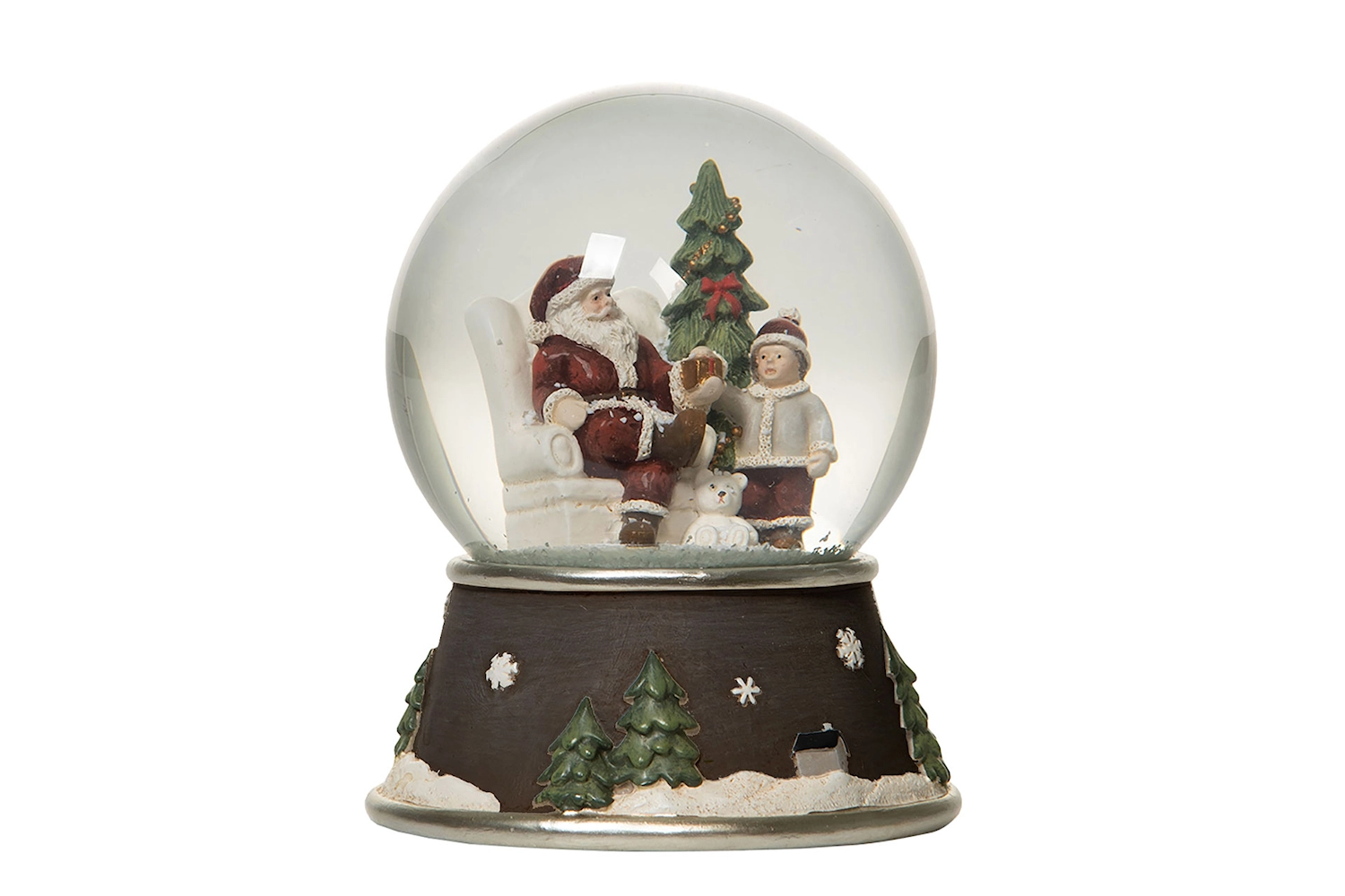 Julig snöglob med tomte och julgran i glaskupa på mörkgrön sockel med dekorativa julmotiv.