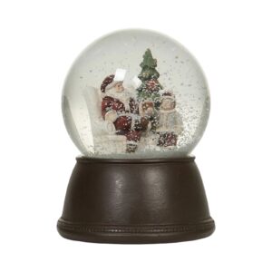 Snöglob med julgran och tomte på mörkbrun sockel – dekorativ julprydnad.