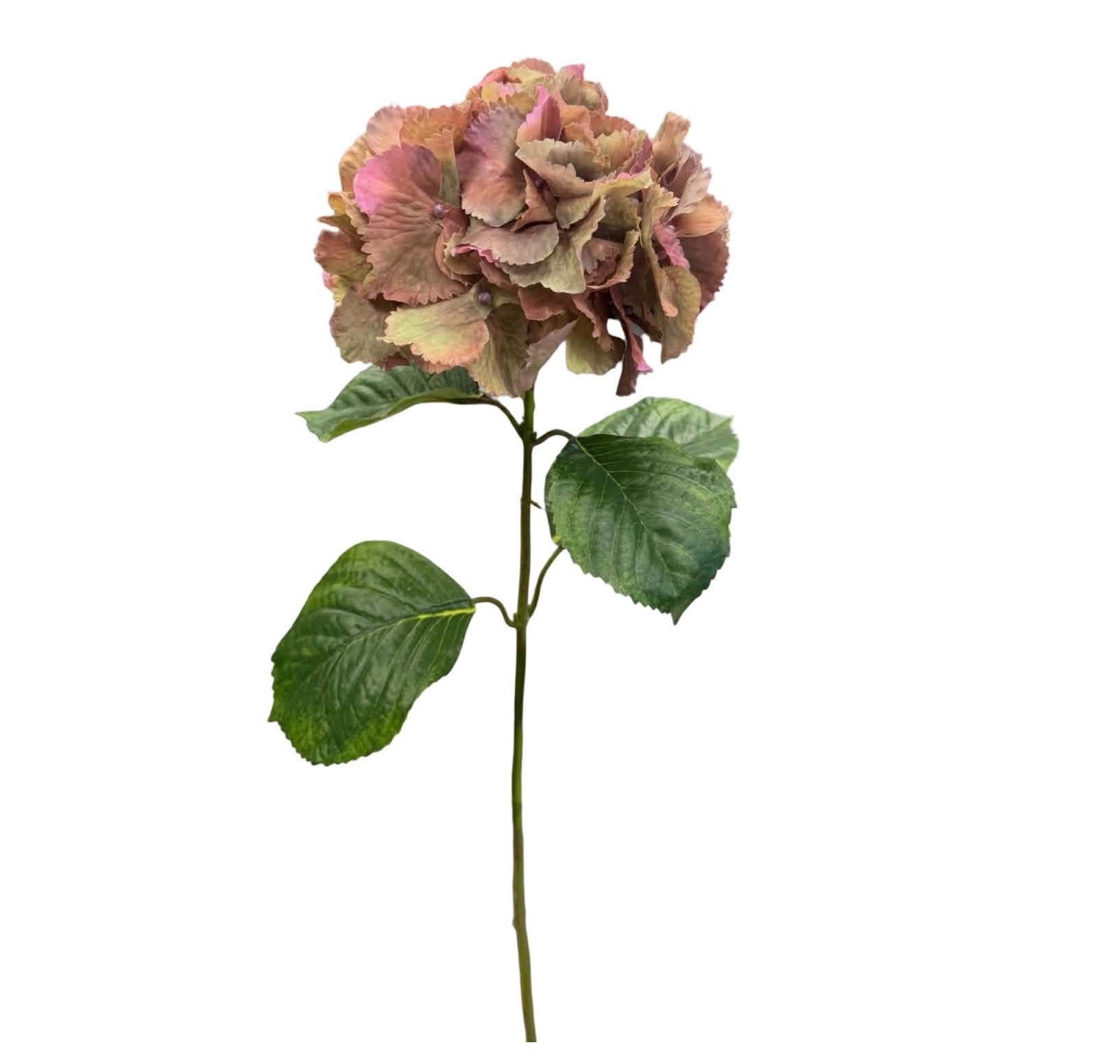 Konstgjord Hortensia snittblomma lilabrun och grön 72 cm