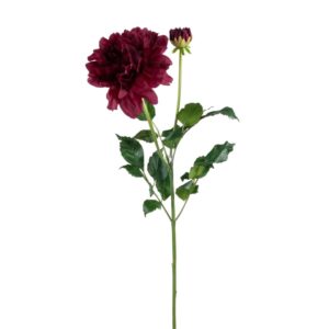 Konstgjord dahlia i bordeaux med blomknopp och gröna blad, 82 cm