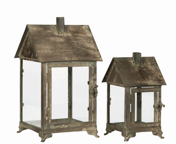 Lykta | Hus Metall Grön 2-Set 13x13x23cm. L:19x18x33cm.