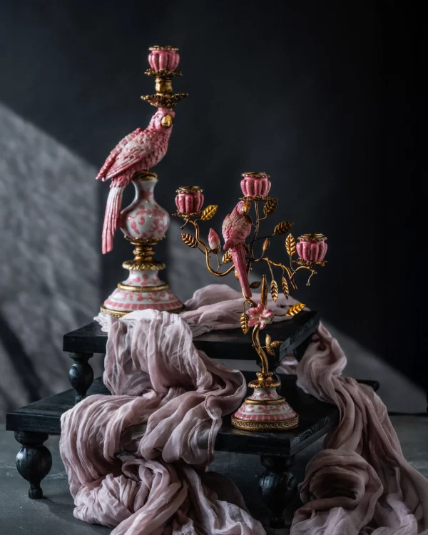 Ljusstake | Fågelbad Rosa Barock Rokoko H 32 cm