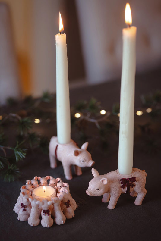 Ljusstake | Gris Med Röd Rosett Poly 11x4x7cm