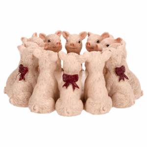 Ljuslykta | Grisar I Ring Med Röd Rosett Poly Ø11x5 cm