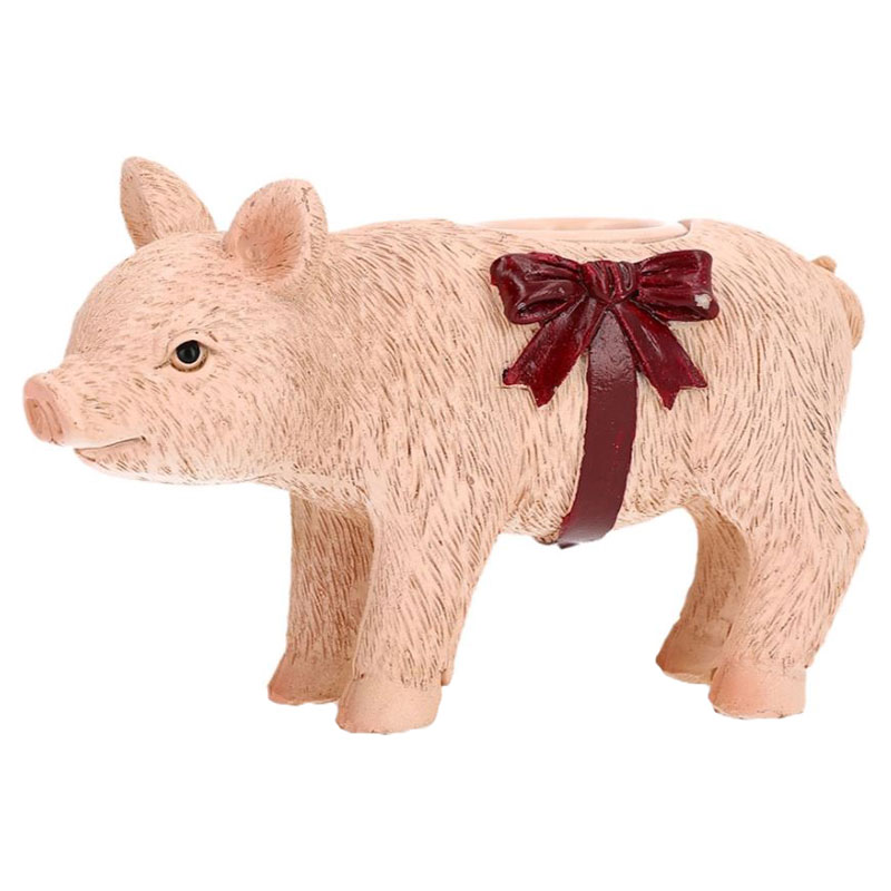 Ljusstake | Gris Med Röd Rosett Poly 11x4x7cm