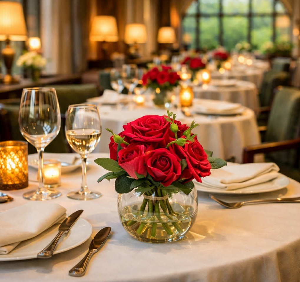 konsgjord rosbukett röd 25 cm i konstvatten.Placerad på ett bord på en restaurang