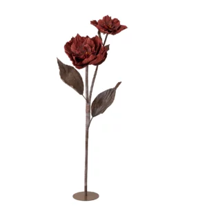 Konstgjord jätteblomma som röd ros 140 cm stående på metallplatta