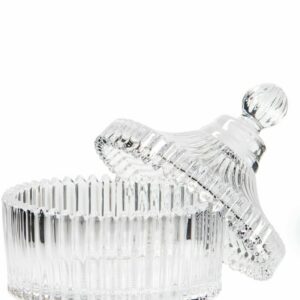 Glasburk Rand Klar med lock i transparent räfflat glas och dekorativ glasknopp, diameter 10 cm.