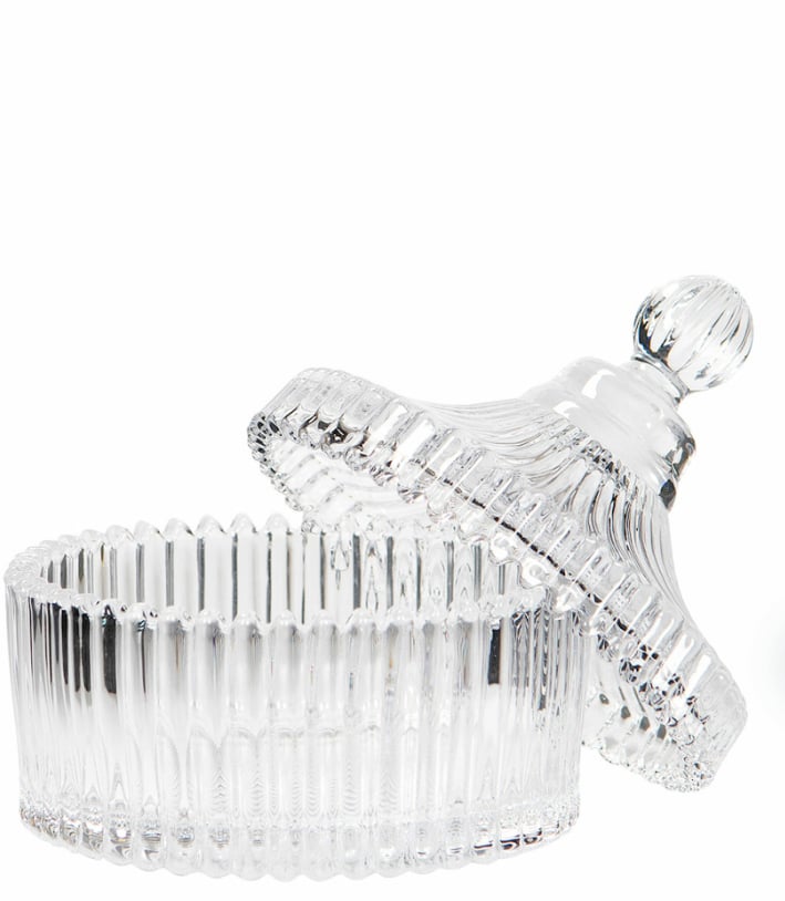 Glasburk Rand Klar med lock i transparent räfflat glas och dekorativ glasknopp, diameter 10 cm.
