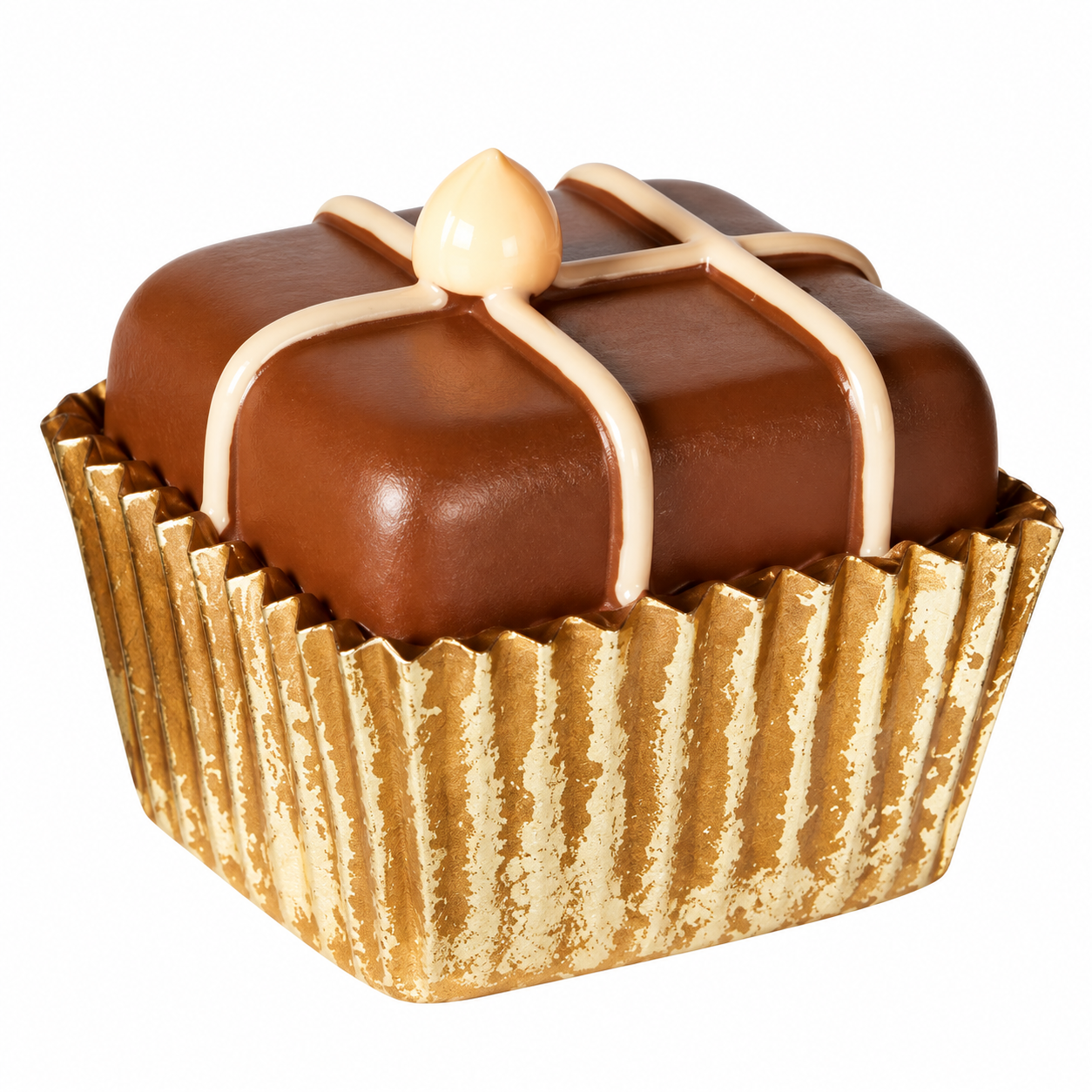 Dekorativ chokladpralin i chokladbrunt med guldfärgade detaljer och guldform, 5 × 4 cm.