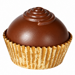 Dekorativ chokladpralin i chokladbrunt med guldfärgade detaljer och guldform, 5 × 4 cm.
