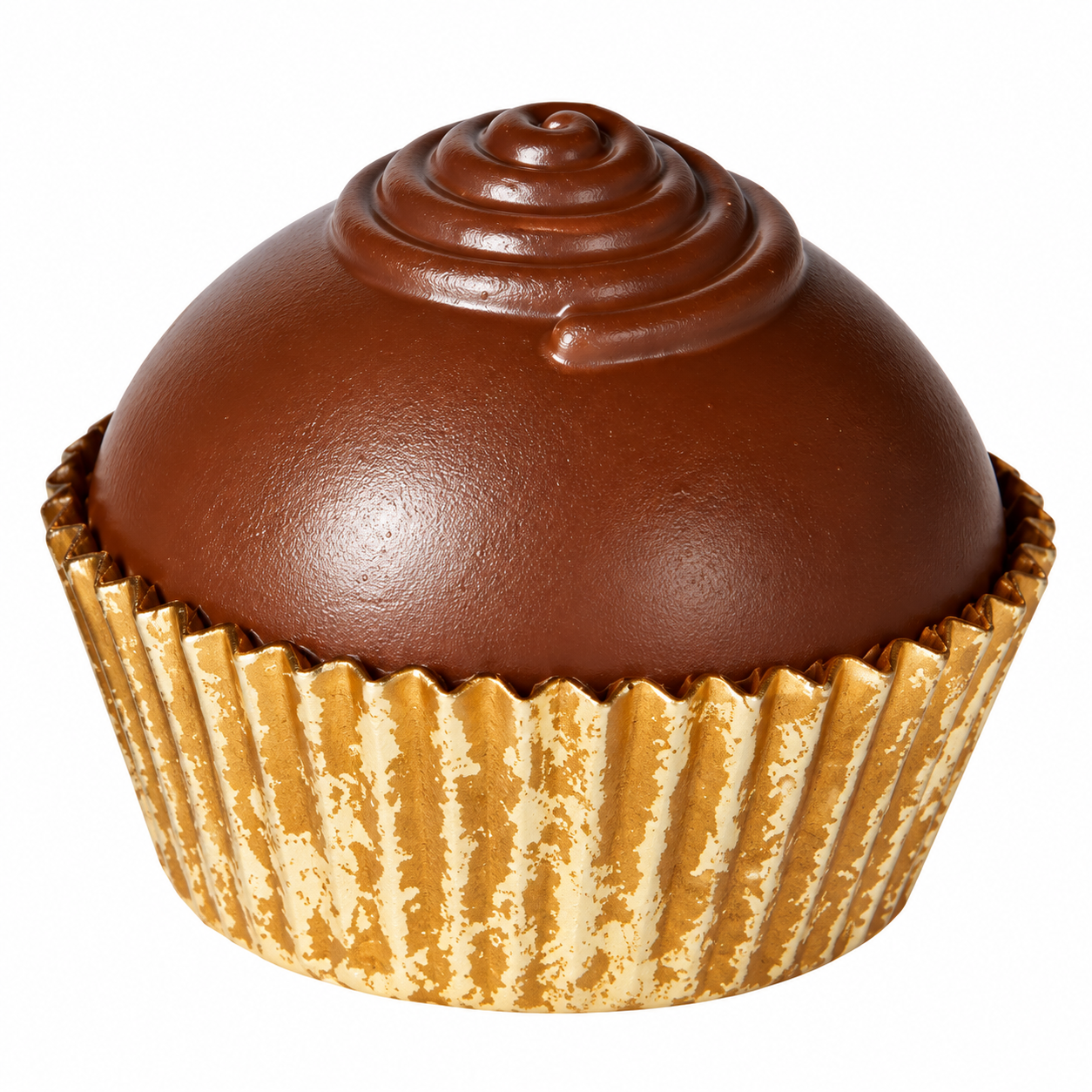 Dekorativ chokladpralin i chokladbrunt med guldfärgade detaljer och guldform, 5 × 4 cm.